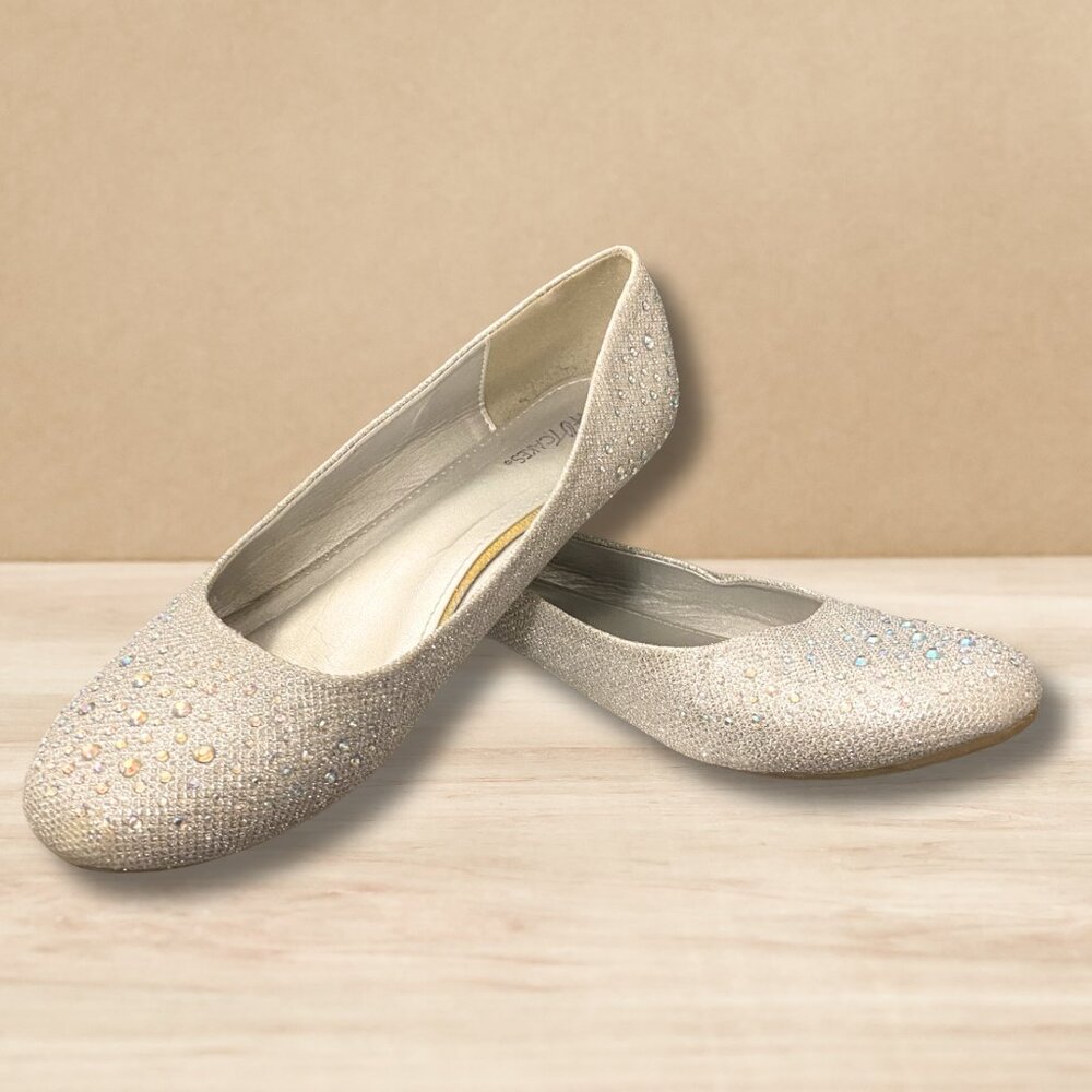 Hot Cakes Brand Orleans Silver Sparkly Flats with Iridescent Rhinestones